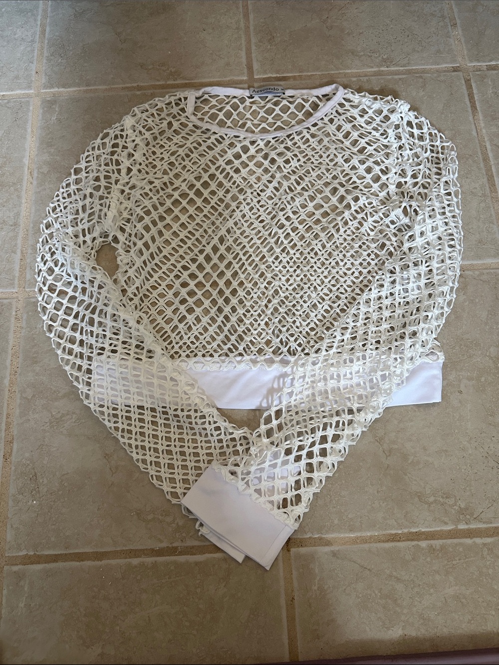 White Open-Weave Long Sleeve Mesh Crop Top